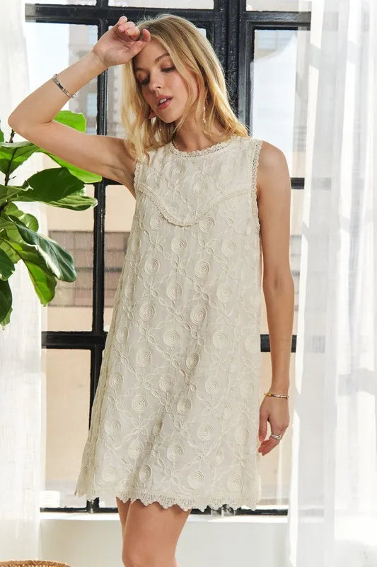 Image of ADORA Applique Round Neck Sleeveless Shift Dress | Queeble.shop