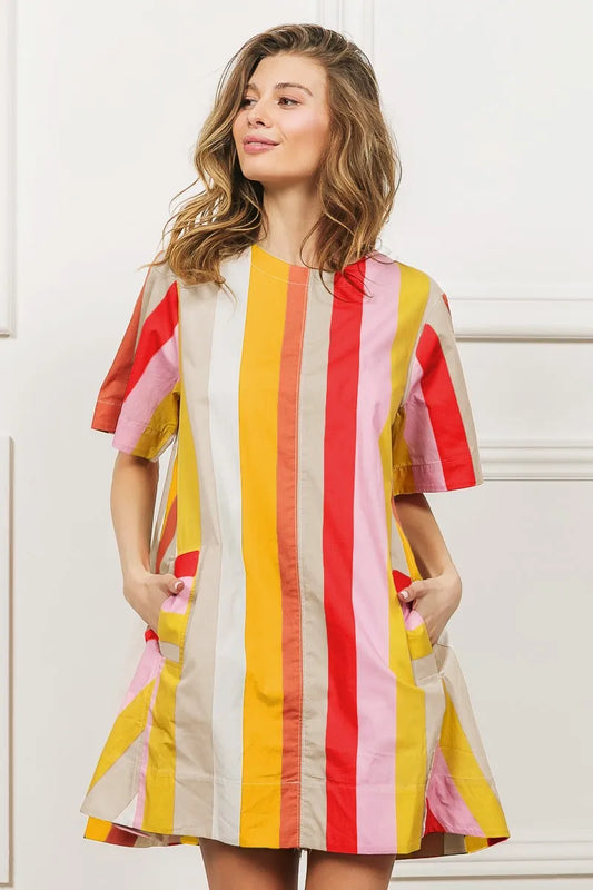 Image of BiBi Multi Stripe Woven Flared Midi Dress | Queeble.shop
