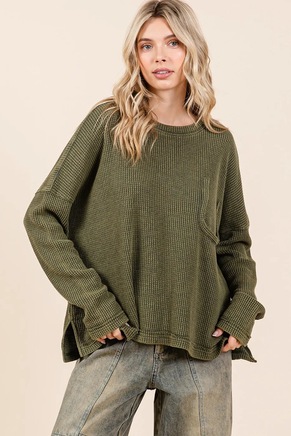 Image of Mittoshop Mineral Wash Cutout Pocket Long Sleeve Waffle Top | Queeble.shop