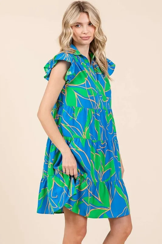 Image of Mittoshop Leaf Print Ruffle Sleeve Tiered Mini Dress | Queeble.shop
