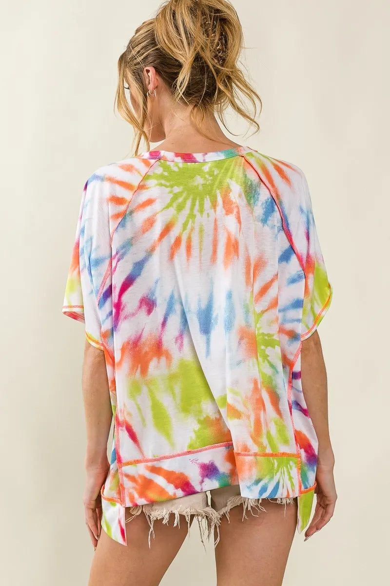 Image of BiBi Tie Dye Print Jersey Stitched Uneven Hem Top | Queeble.shop
