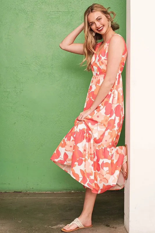 Image of Lime 'N' Chili Sleeveless Floral Print V-Neck Midi Dress | Queeble.shop