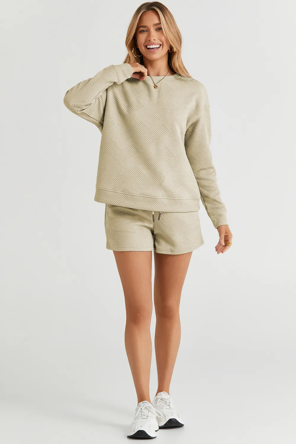 Image of Double Take Full Size Texture Long Sleeve Top and Drawstring Shorts Set | Queeble.shop