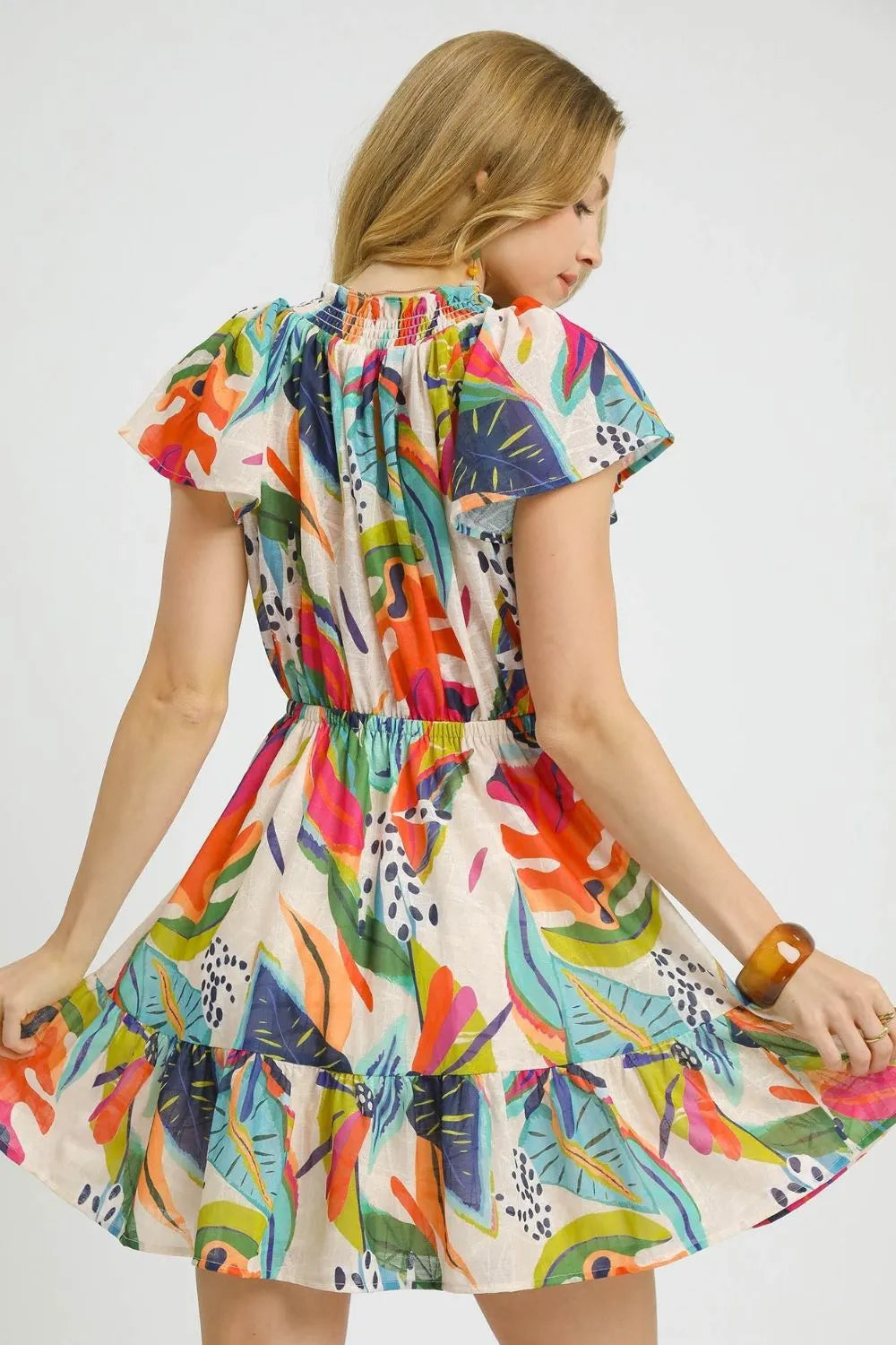 Image of Umgee Printed Tie Neck Ruffled Hem Dress | Queeble.shop
