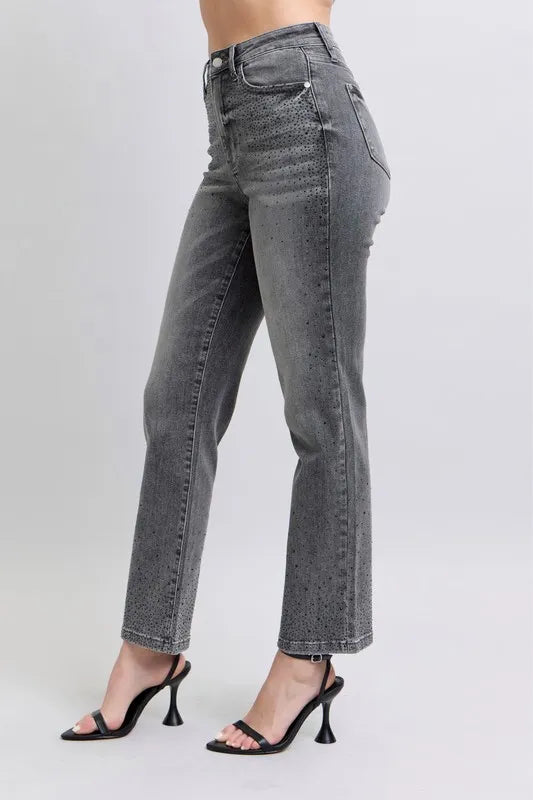 Image of Judy Blue Full Size High Waist Rhinestone Straight Jeans Plus Size | Queeble.shop