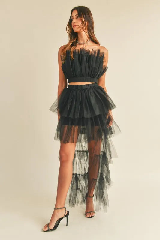 Image of MABLE Tulle Tube Ruffle Crop Top and High Low Maxi Skirt Set | Queeble.shop