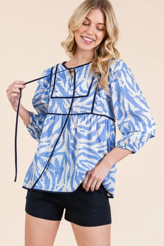 Image of Lime 'N' Chili Graphic Print Solid Trim Quarter Sleeve Blouse | Queeble.shop