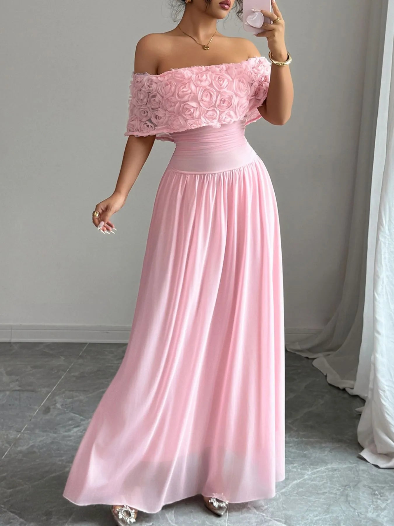 Image of Off-Shoulder Rose Embellished Maxi Dress | Queeble.shop