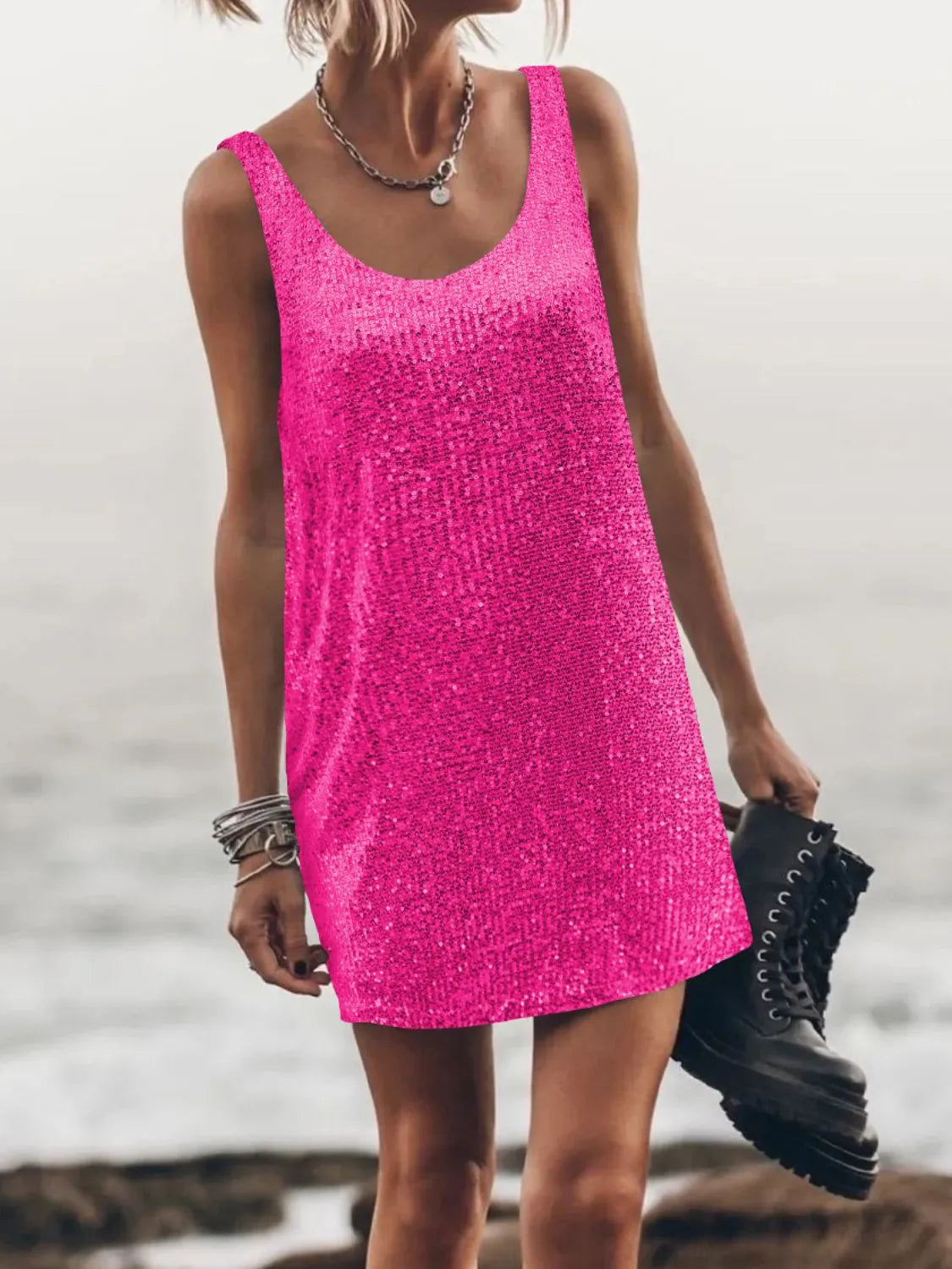 Image of Sequin Scoop Neck Mini Dress | Queeble.shop