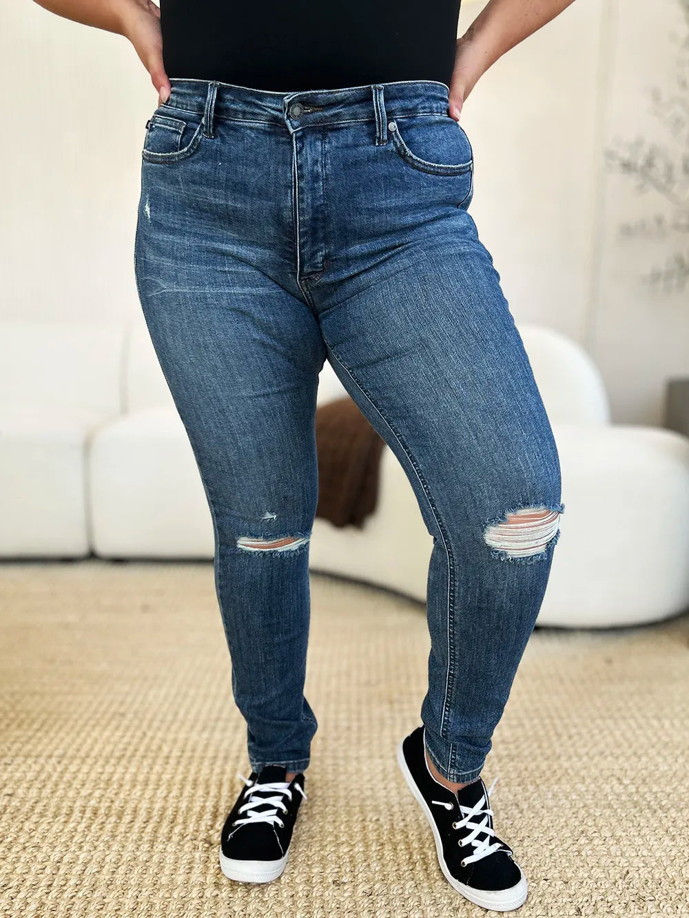 Image of Judy Blue Full Size Mid Waist Distressed Slim Jeans | Queeble.shop