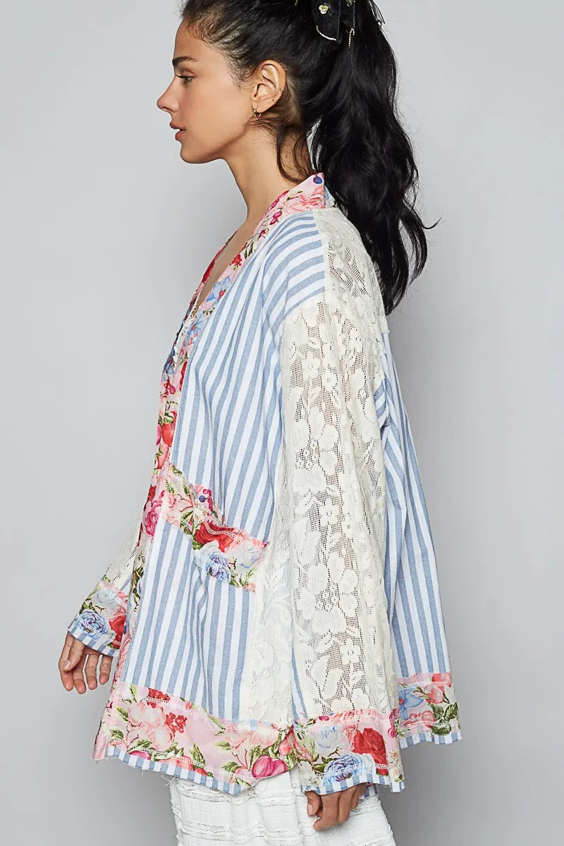 Image of POL Lace Long Sleeve Striped Cardigan with Floral Patchwork Detail | Queeble.shop