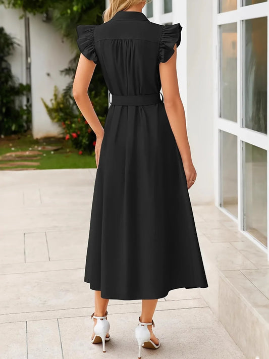 Image of Ruffled Button-Front Midi Dress | Queeble.shop
