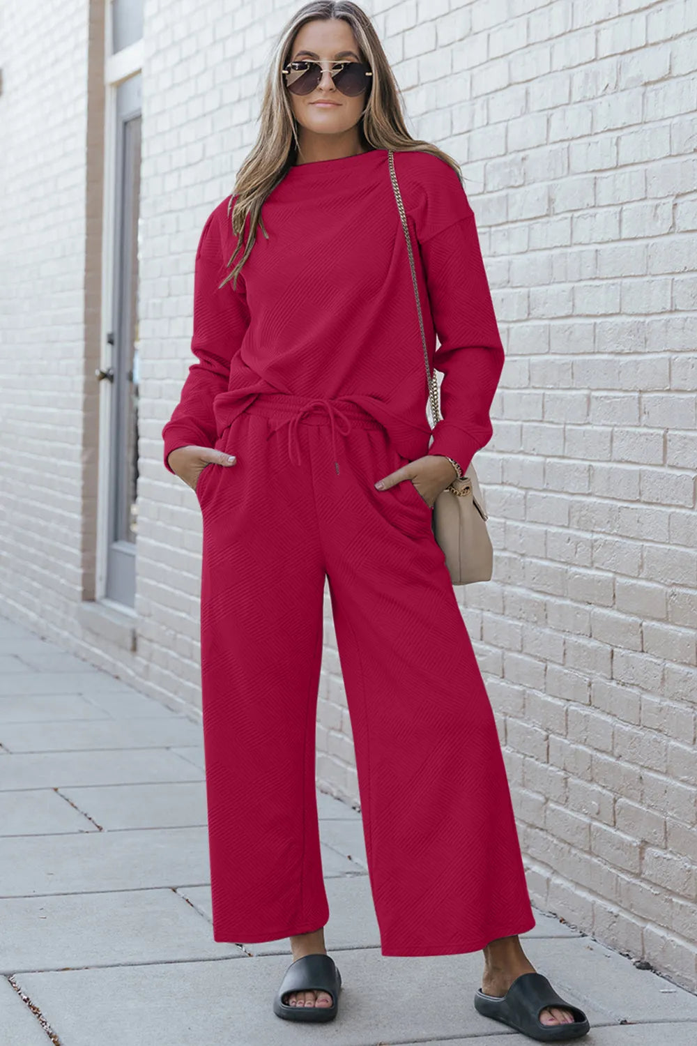 Image of Double Take Full Size Textured Long Sleeve Top and Drawstring Pants Set | Queeble.shop