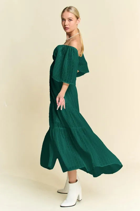 Image of Davi & Dani Swiss Dotted Ruched Ruffle Open Back Midi Dress | Queeble.shop