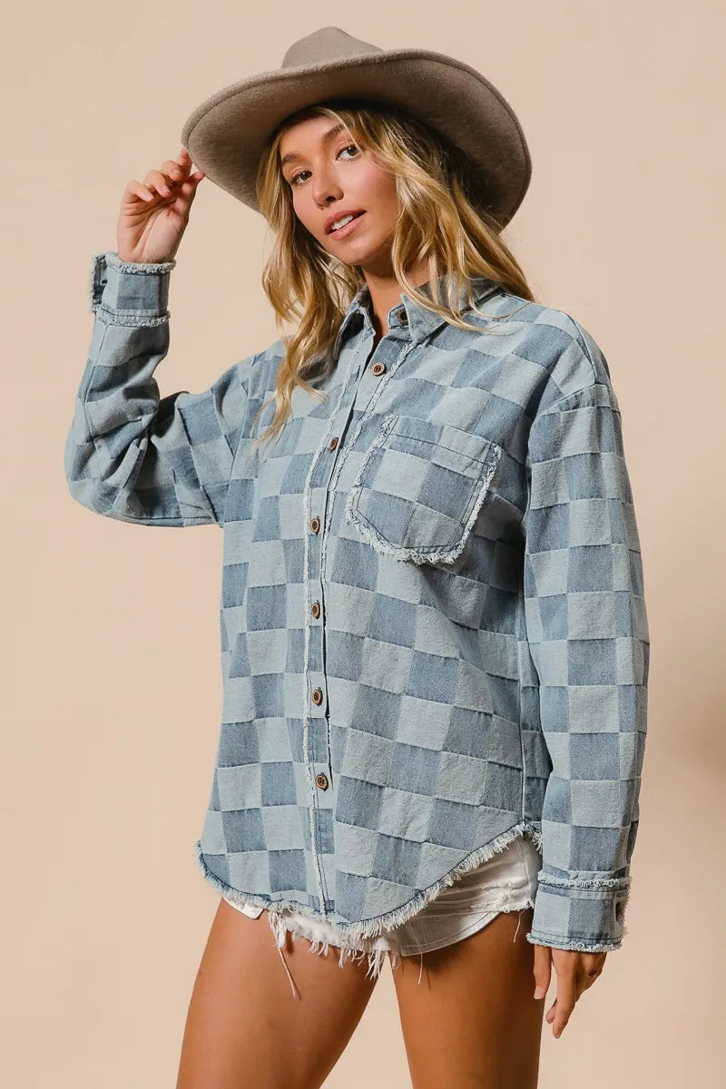 Image of BiBi Frayed Edged Detail Washed Checker Denim Shirt | Queeble.shop