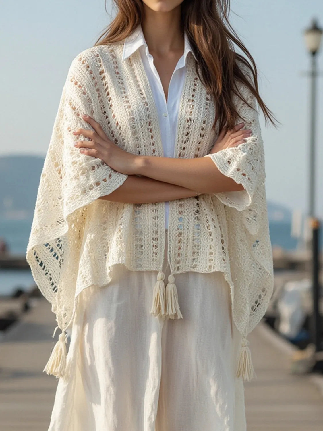 Image of Openwork Tassel Open Front Knit Cover Up | Queeble.shop