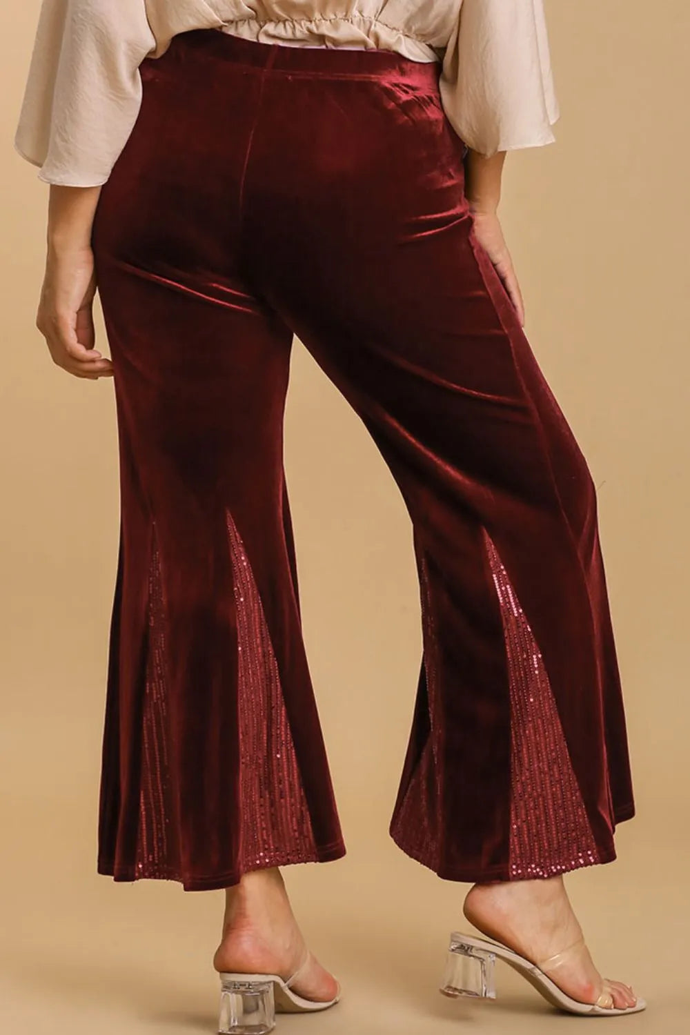 Image of Umgee Full Size Sequin Elastic Waist Velvet Stretch Flare Leg Pants Plus Size | Queeble.shop