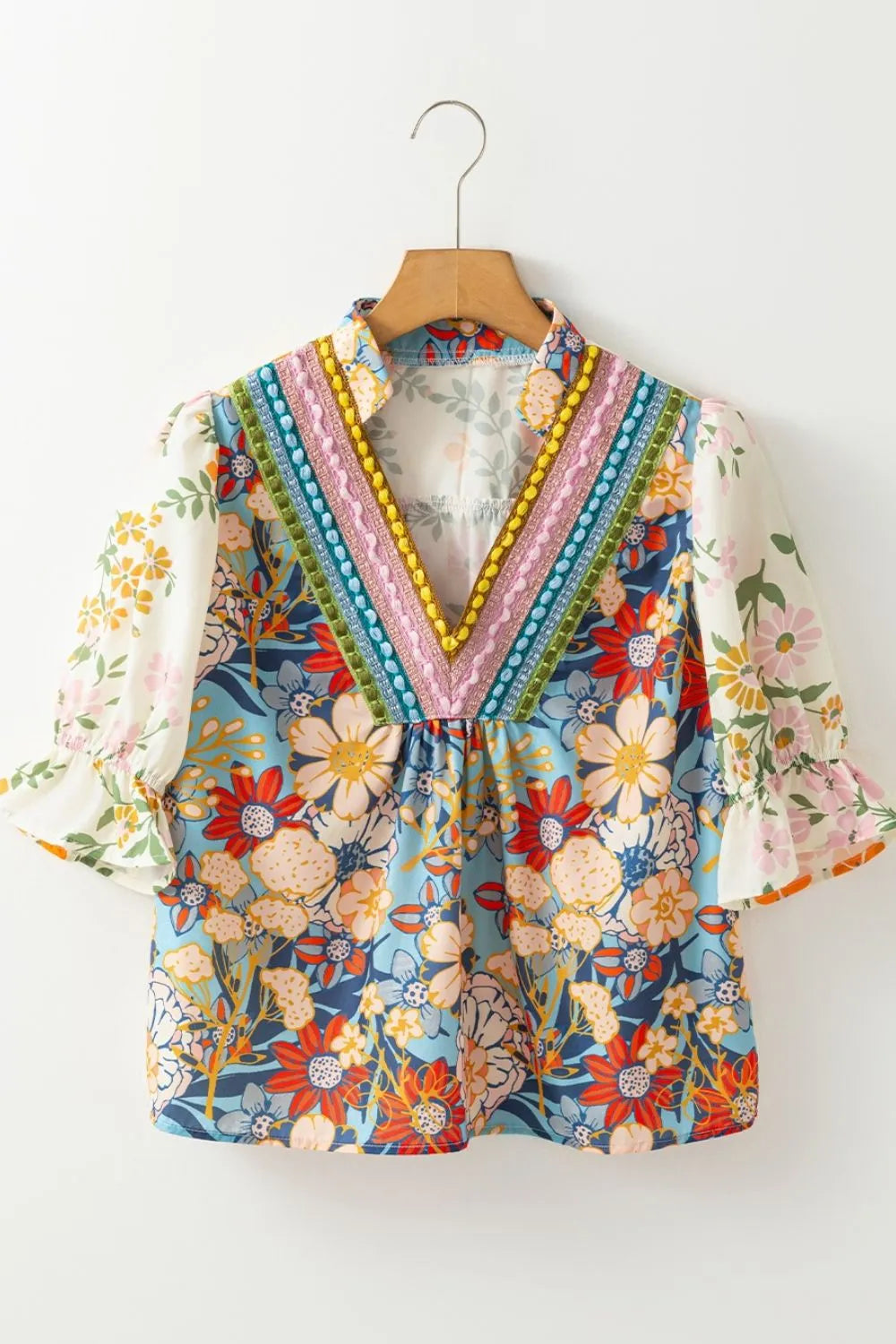 Image of Multicolour Crochet V Neck Half Sleeve Boho Floral Blouse | Queeble.shop