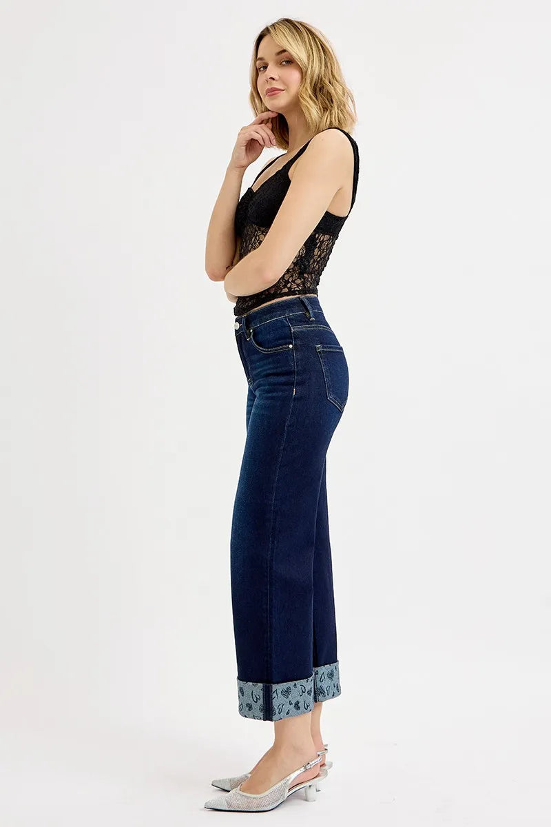 Image of RISEN Full Size Mid Rise Fit Crop Wide With Printed Cuff Jeans Plus Size | Queeble.shop