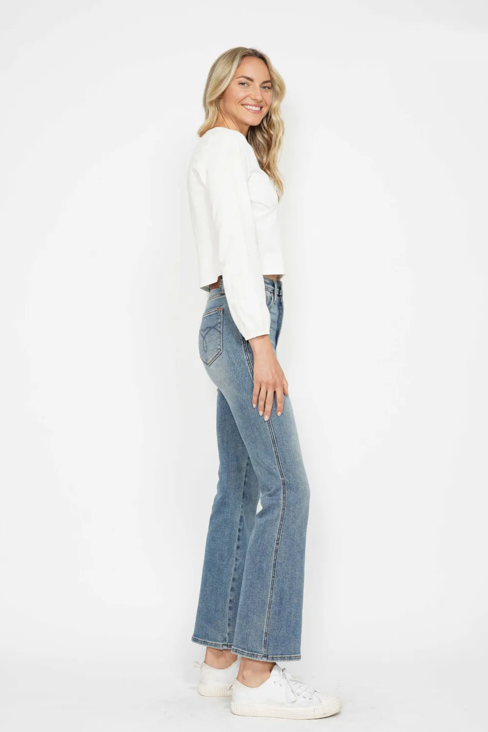 Image of Judy Blue Full Size Tummy Control Back Embroidered Pocketed Bootcut Jeans Plus Size | Queeble.shop