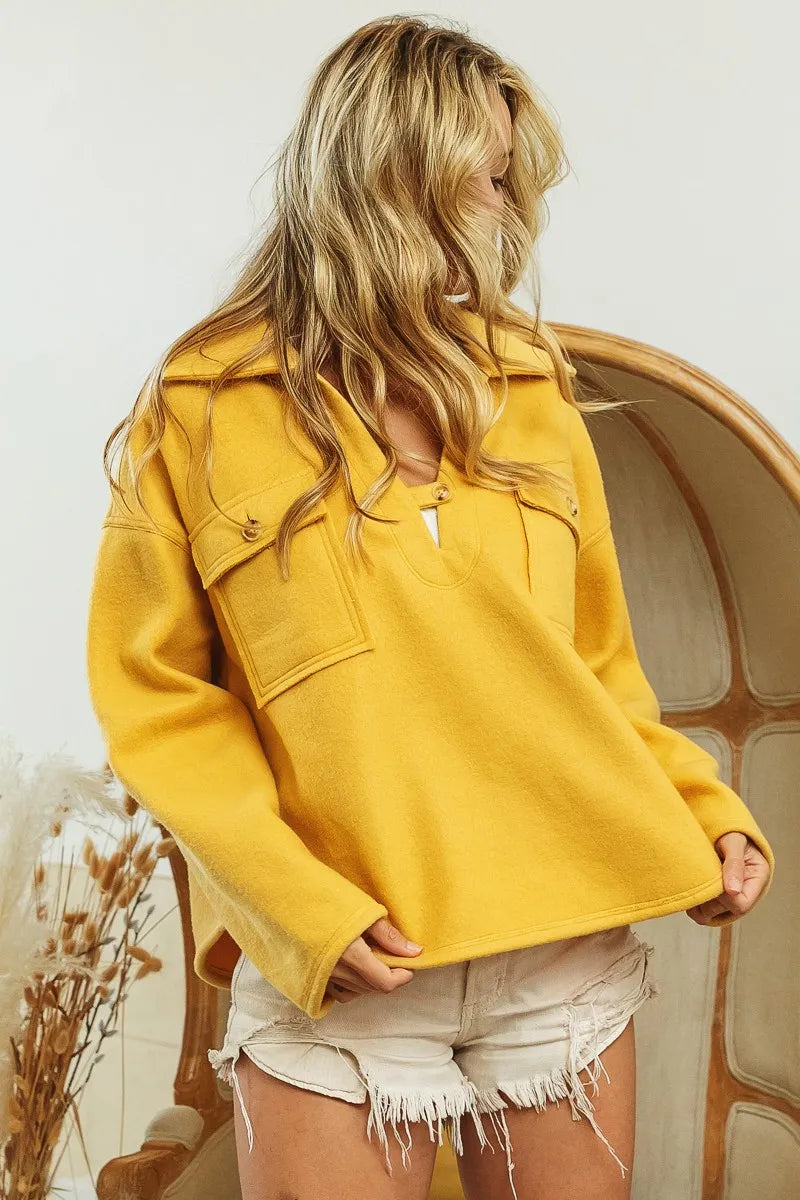 Image of BiBi Flap Pockets Fleece Collared Sweatshirt | Queeble.shop