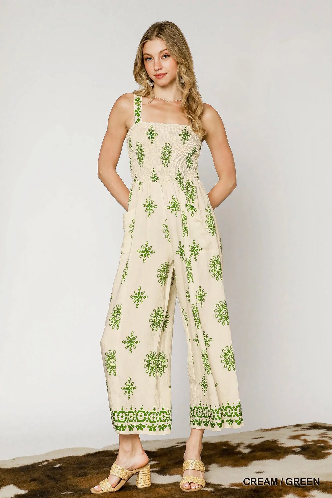 Image of Umgee Smocked Printed Wide Leg Jumpsuit | Queeble.shop
