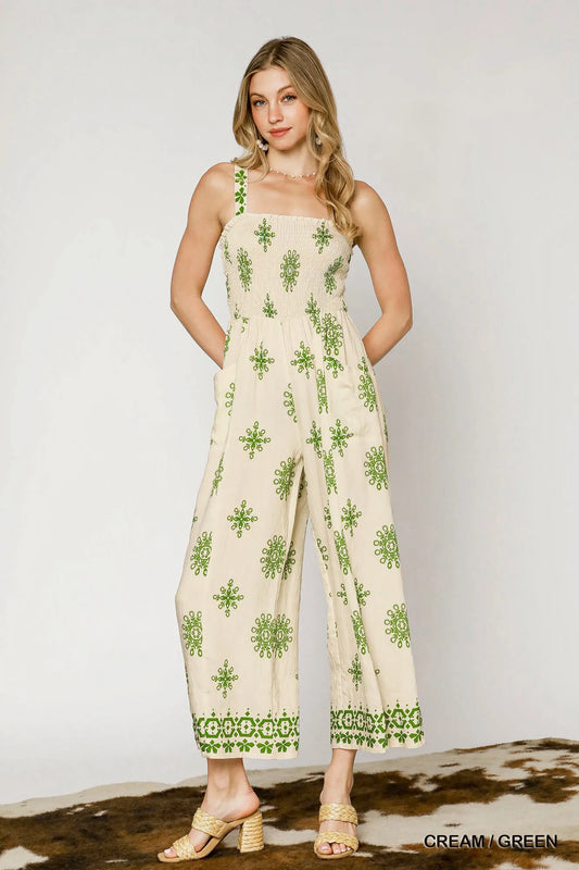 Image of Umgee Smocked Printed Wide Leg Jumpsuit | Queeble.shop
