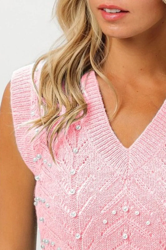 Image of BiBi Chevron Pointelle Pearl Knit Top | Queeble.shop