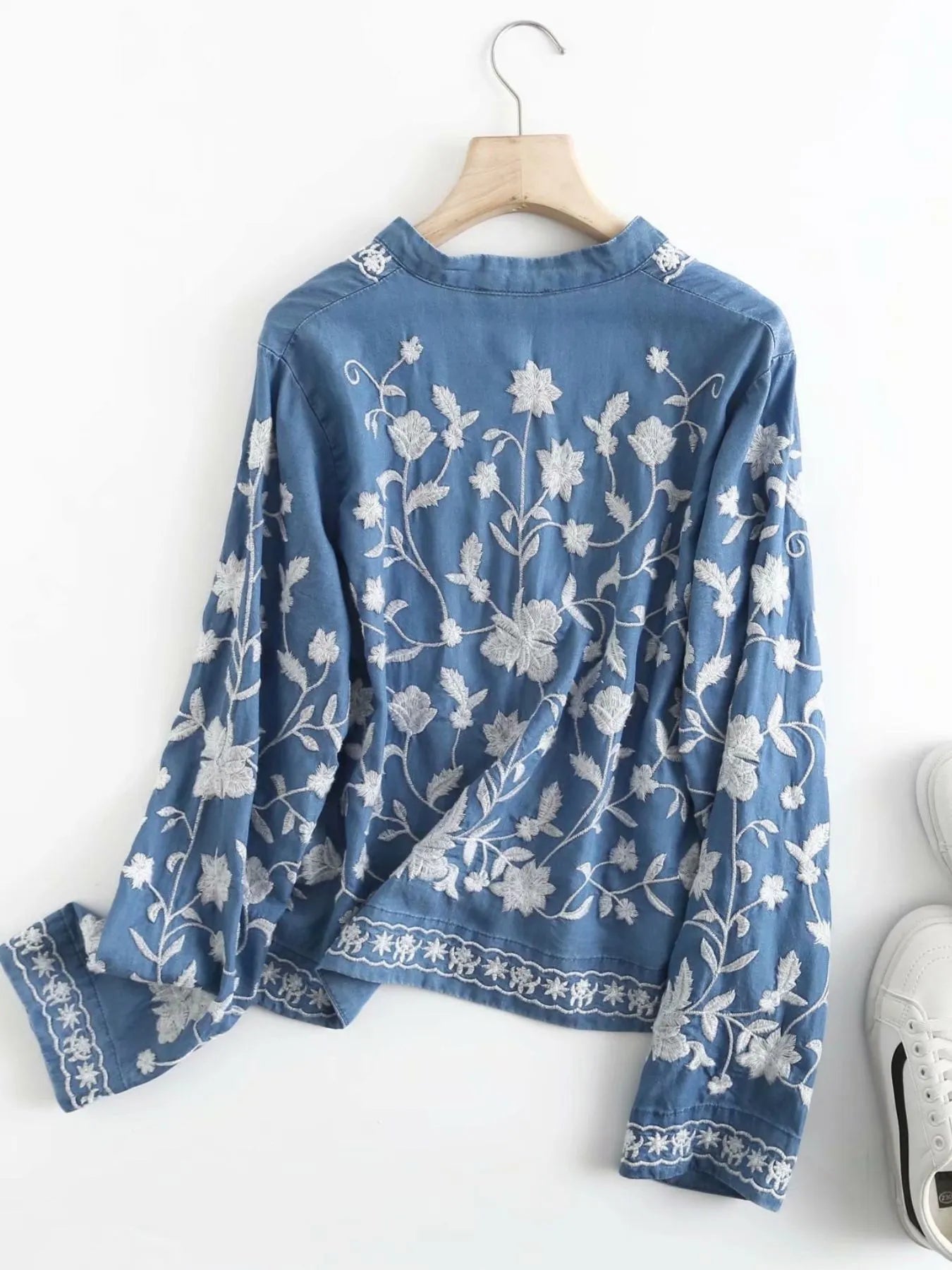 Image of Floral Embroidered Button Up Denim Shirt | Queeble.shop