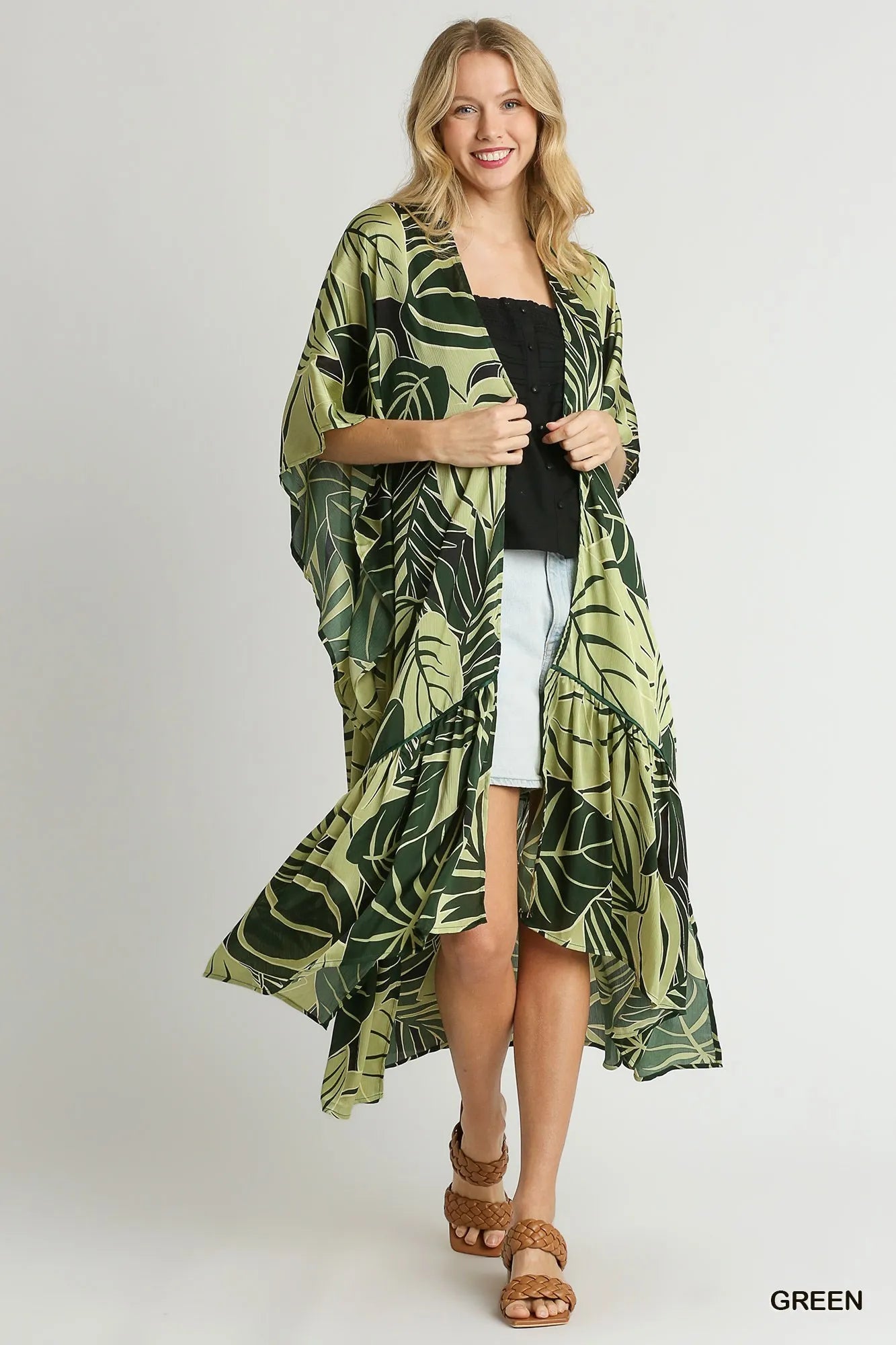 Image of Umgee Satin Tropical Plant Print Open Front Kimono with Ruffle Details | Queeble.shop