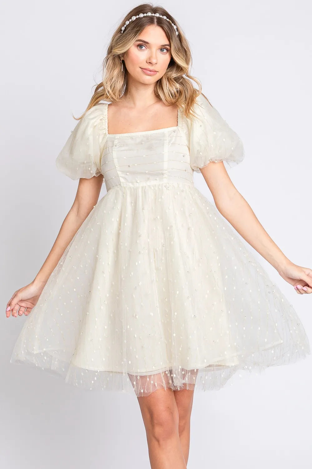 Image of GeeGee Pearl Mesh Puff Sleeve Babydoll Dress | Queeble.shop
