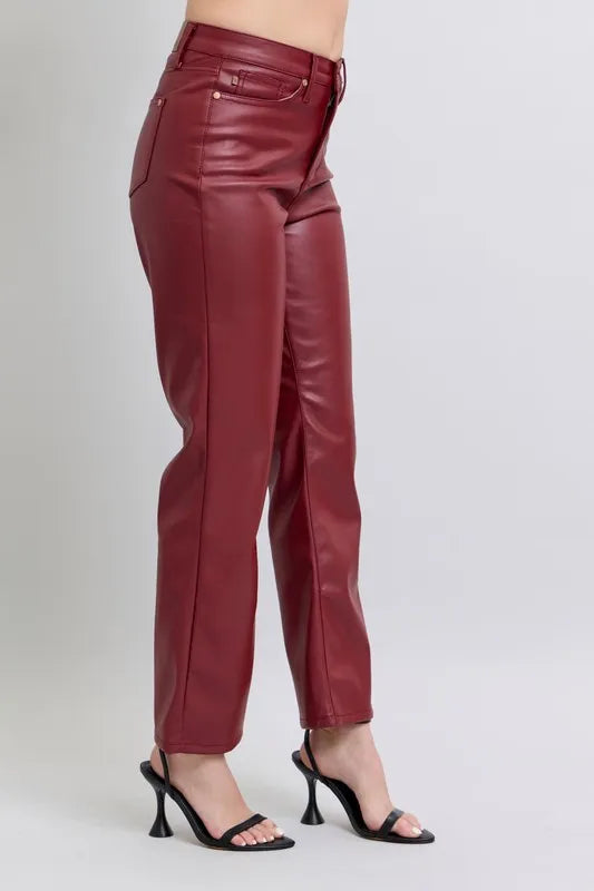 Image of Judy Blue Full Size High Waist Tummy Control Faux Leather Straight Pants Plus Size | Queeble.shop