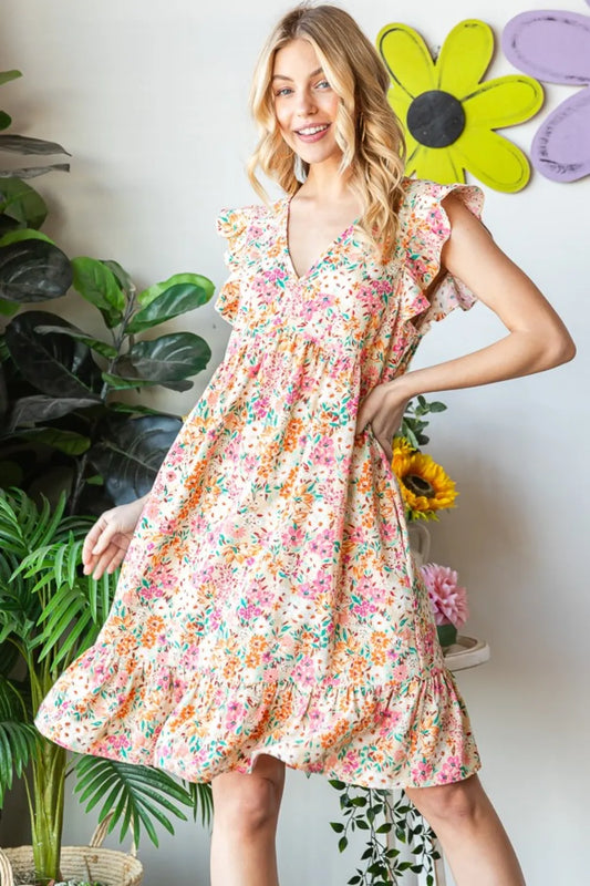 Image of Heimish Full Size Floral Ruffled V-Neck Dress | Queeble.shop