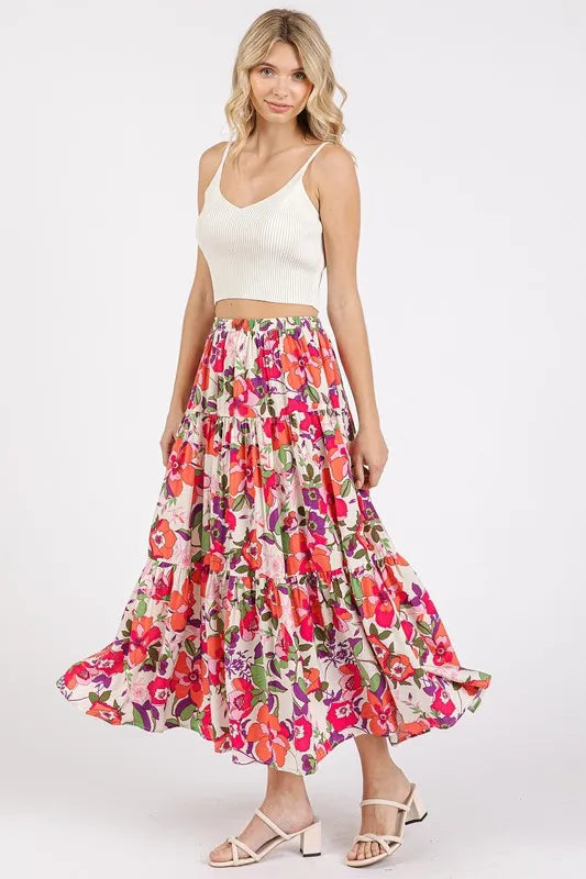 Image of Mittoshop Flower Print Elastic Waist Tiered Skirt | Queeble.shop