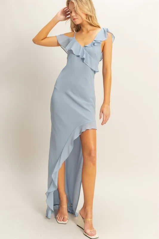 Image of HYFVE Chiffon Ruffle Trim Midi Dress | Queeble.shop
