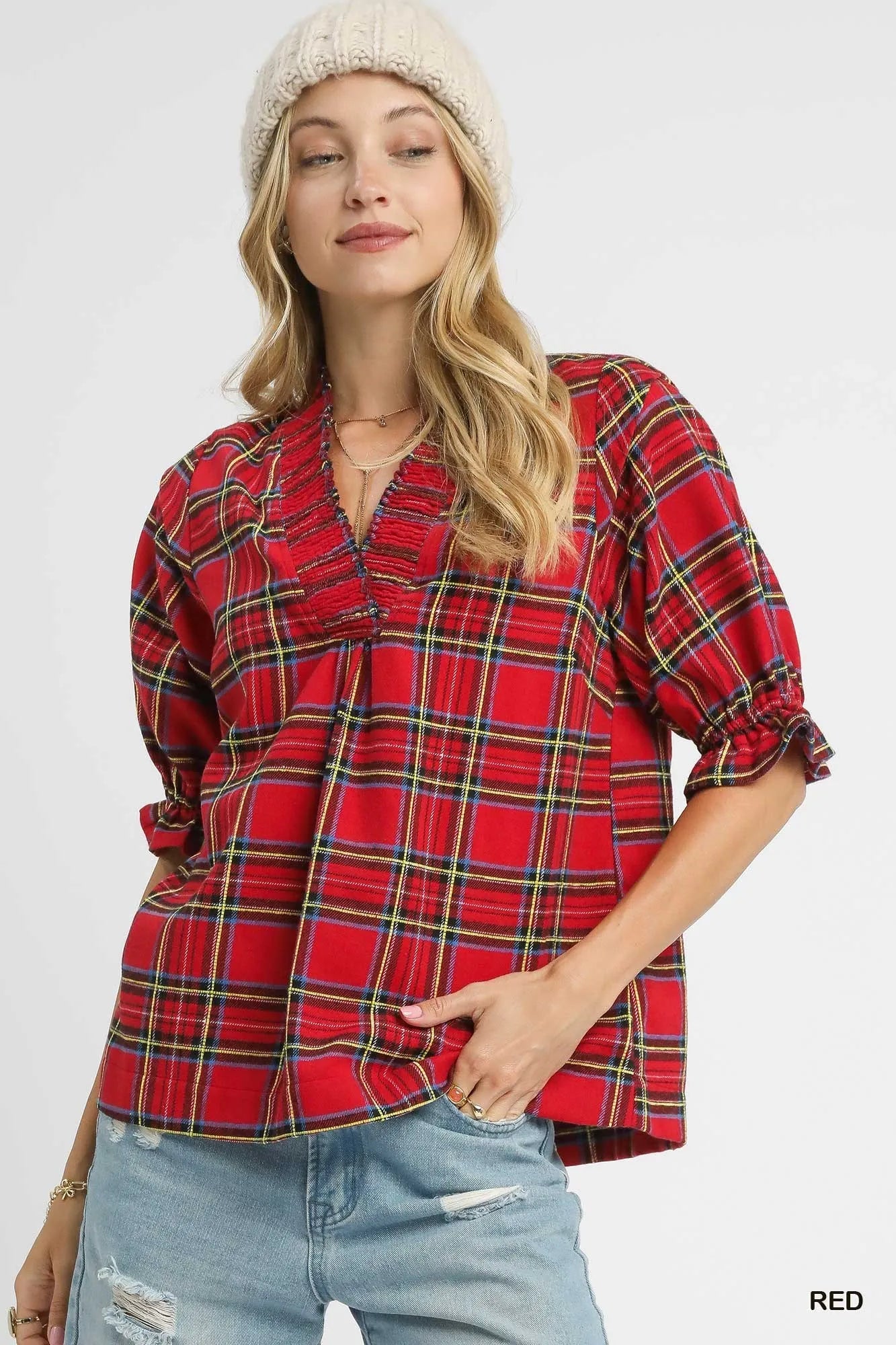 Image of Umgee Plaid Smocked V-Neck Flannel Top | Queeble.shop