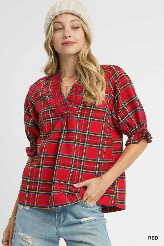 Image of Umgee Plaid Smocked V-Neck Flannel Top | Queeble.shop