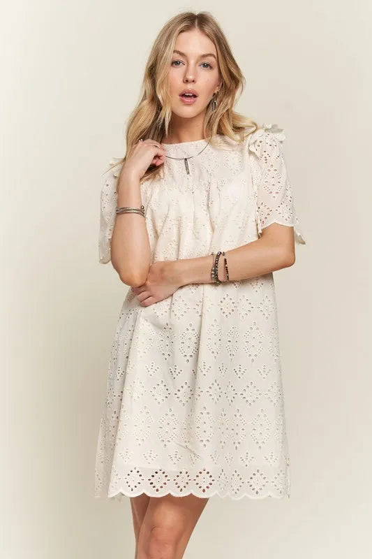 Image of ADORA Ruffled Eyelet Round Neck Dress | Queeble.shop