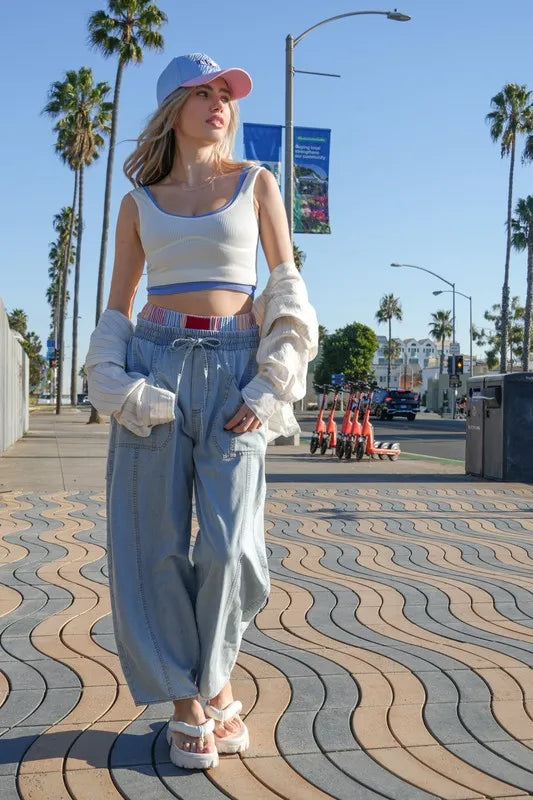Image of VERY J Washed Chambray Barrel Denim Pants | Queeble.shop