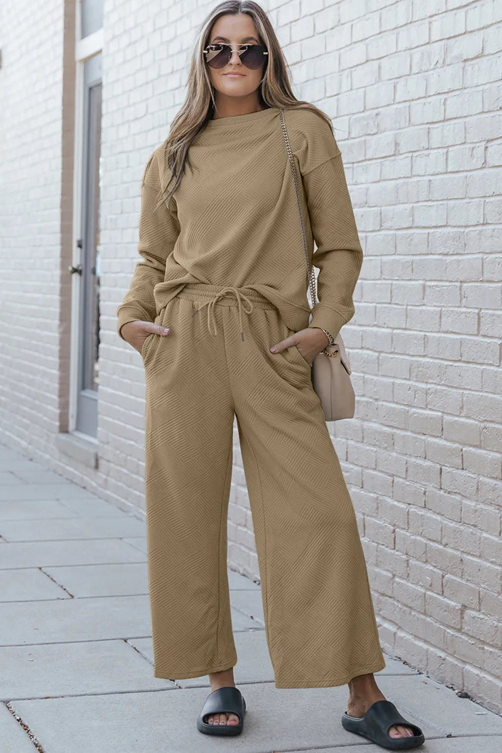 Image of Double Take Full Size Textured Long Sleeve Top and Drawstring Pants Set | Queeble.shop