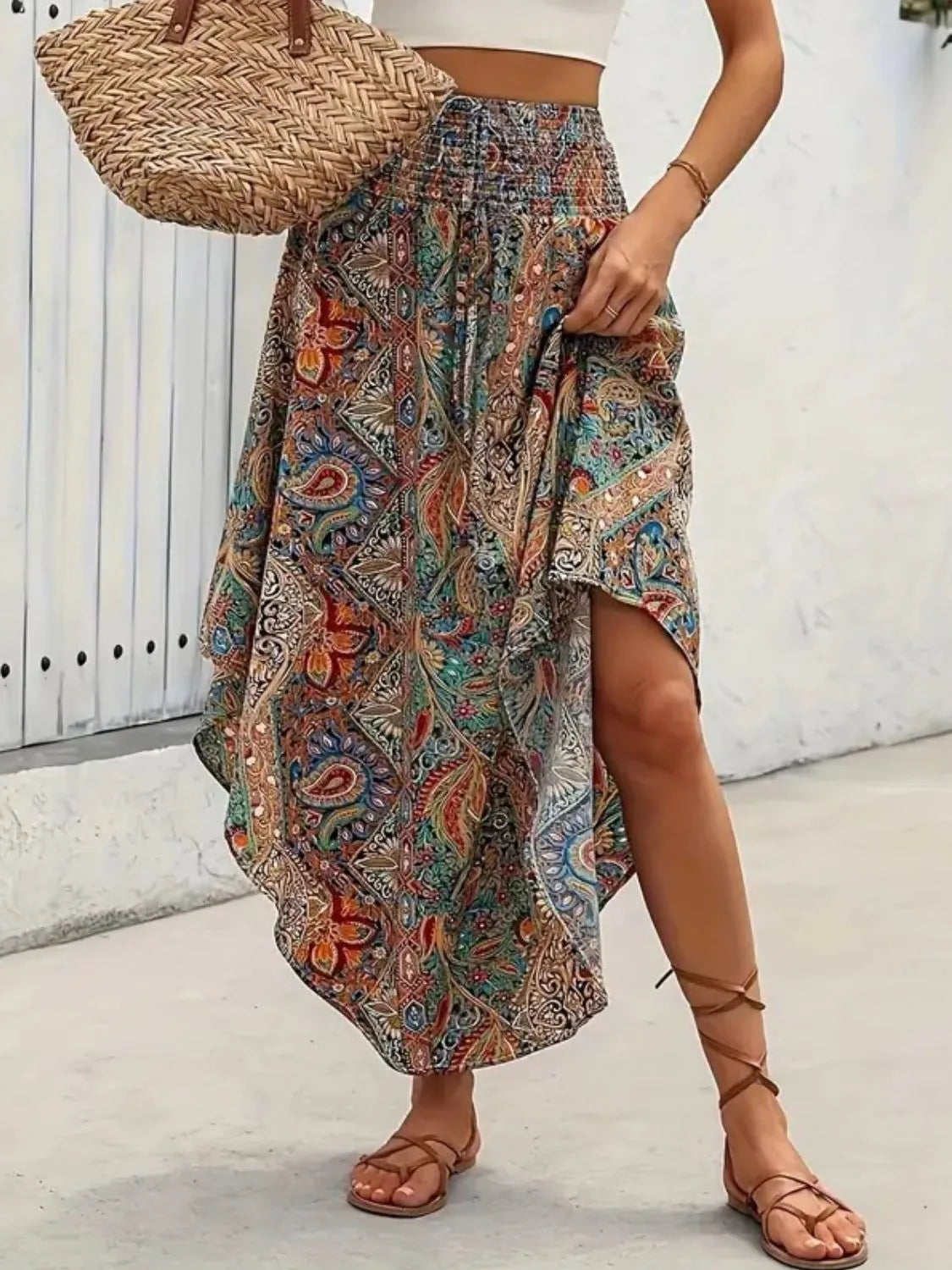 Image of Asymmetrical Smocked Printed Skirt | Queeble.shop