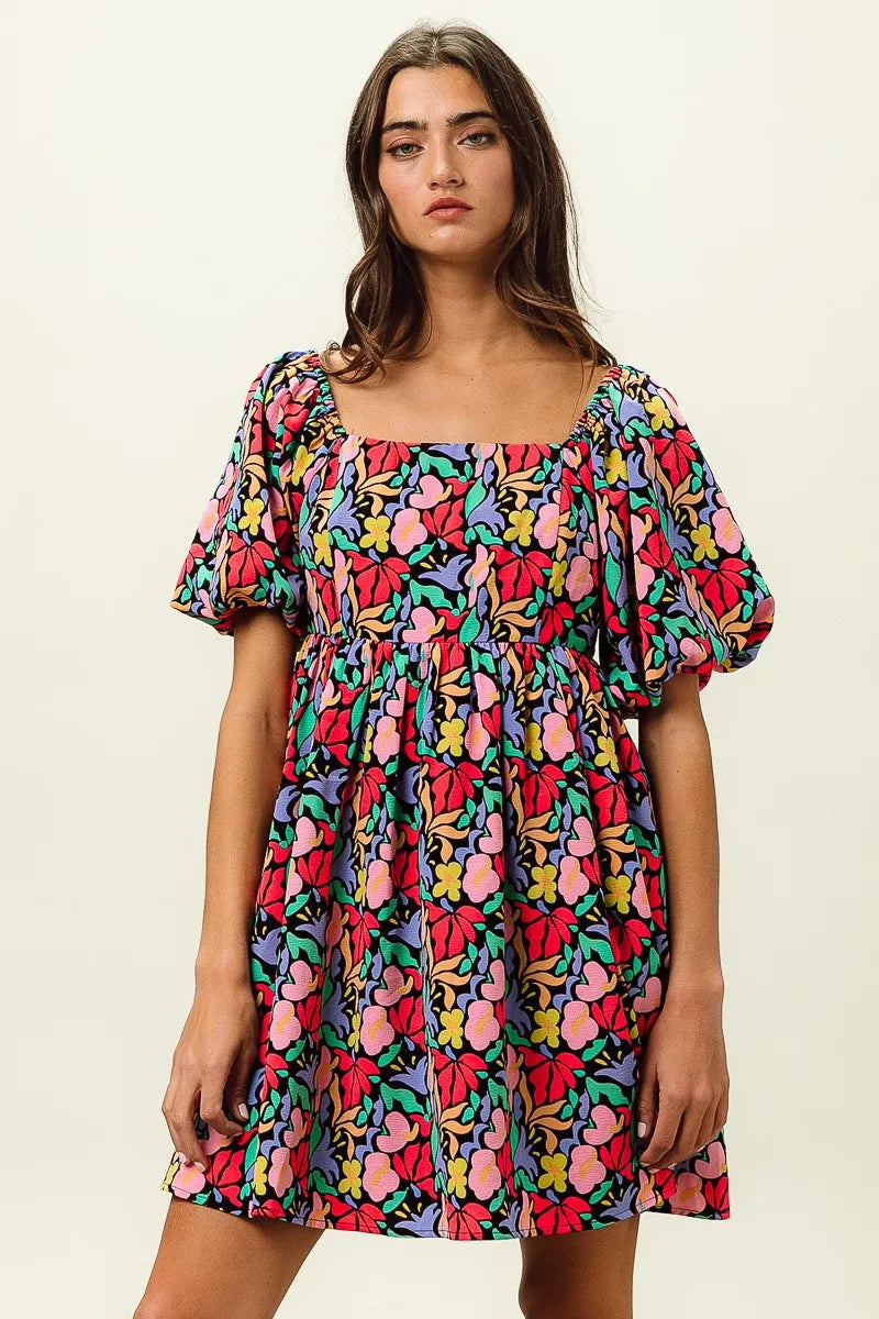 Image of BiBi Floral Print Puff Square Neck Dress | Queeble.shop