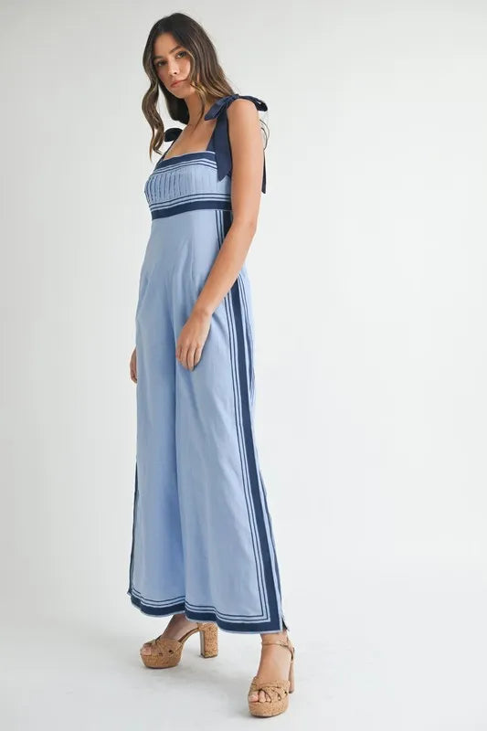 Image of MABLE Linen Mix Chevron Sail Shoulder Strap Jumpsuit | Queeble.shop
