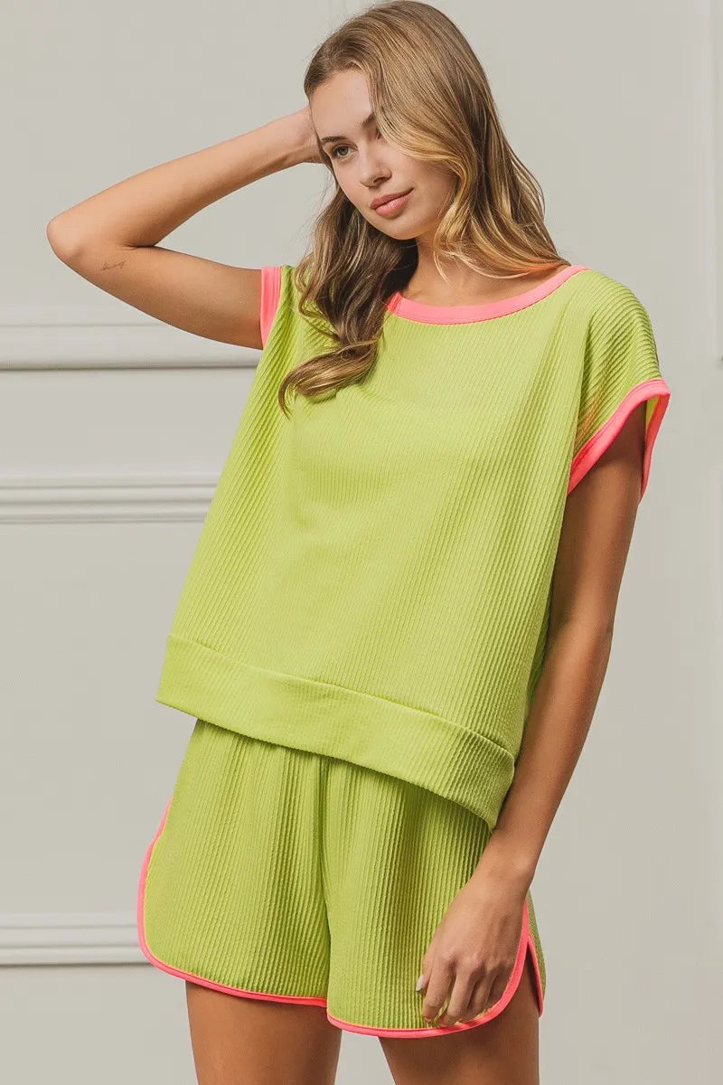 Image of BiBi Cord Rib Knit Contrast Banded Top | Queeble.shop
