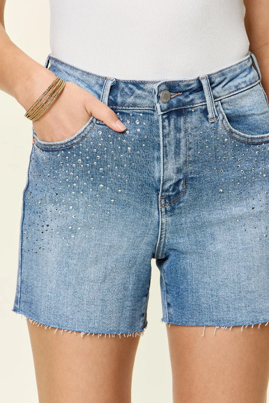 Image of Judy Blue Full Size High Waist Rhinestone Decor Denim Shorts | Queeble.shop