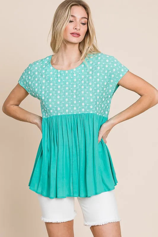 Image of Lime 'N' Chili Full Size Embroidered Short Sleeve Pleated Babydoll Top Plus Size | Queeble.shop