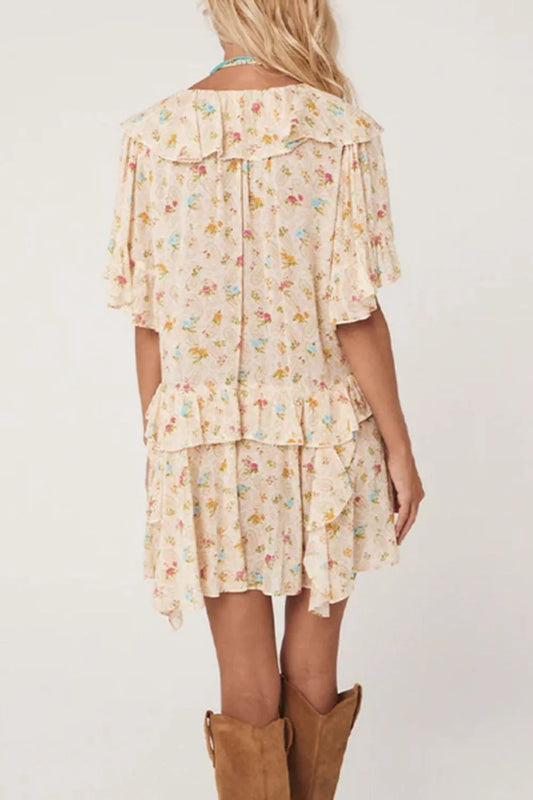Image of Boho Floral Tassel Tie V Neck Ruffle Wide Sleeve Mini Dress | Queeble.shop