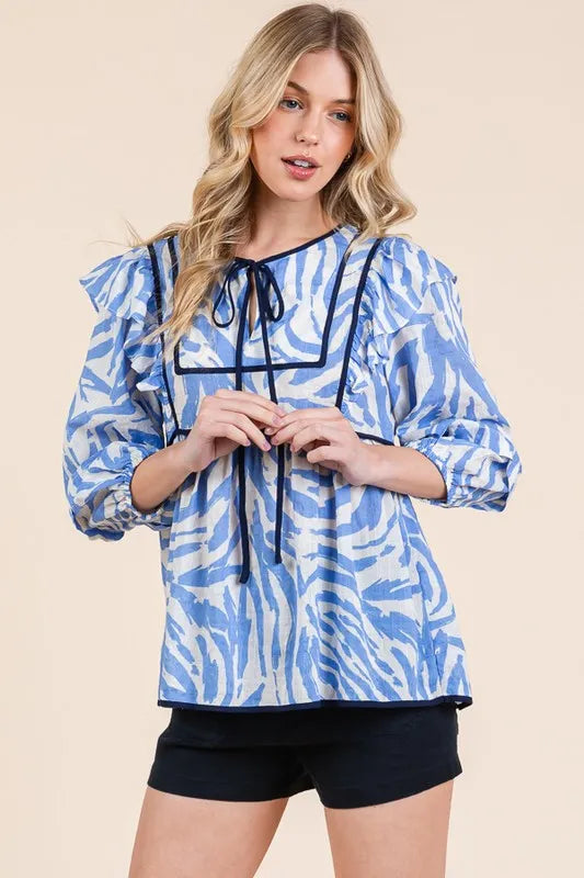 Image of Lime 'N' Chili Graphic Print Solid Trim Quarter Sleeve Blouse | Queeble.shop