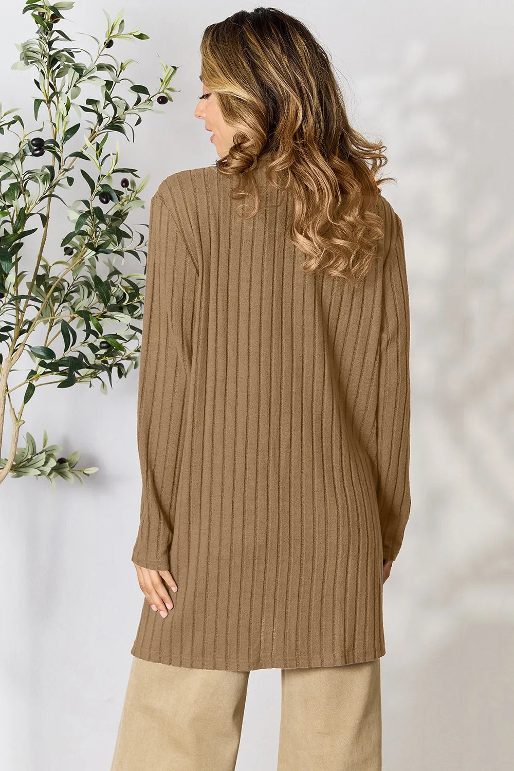 Image of Basic Bae Full Size Ribbed Open Front Cardigan with Pockets | Queeble.shop