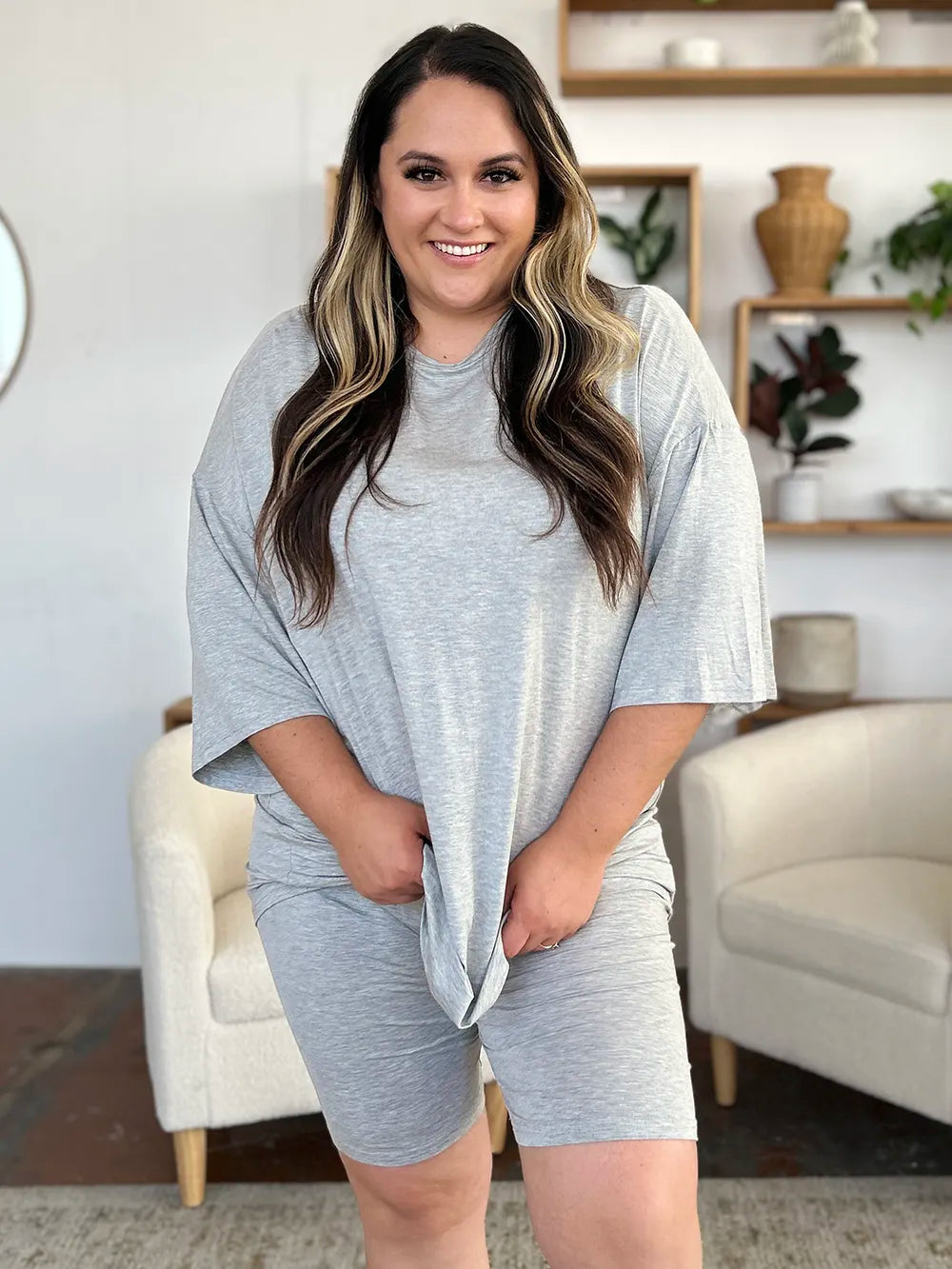 Image of Basic Bae Bamboo Full Size Round Neck Drop Shoulder T-Shirt and Shorts Set | Queeble.shop